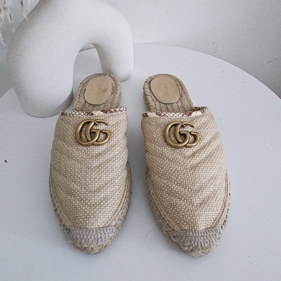 Gucci Straw Elaphe Matelasse GG marmont espadrille slides mules - Picture 9 of 10